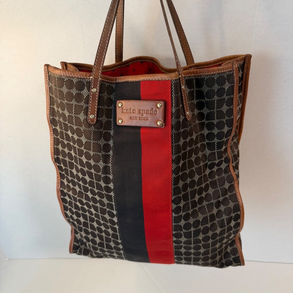 Kate Spade Tote Bag Large Brown Canvas Jacquard Racing Stripe Vintage Shopper
